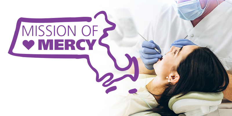 dentist with patient and Mission of Mercy logo
